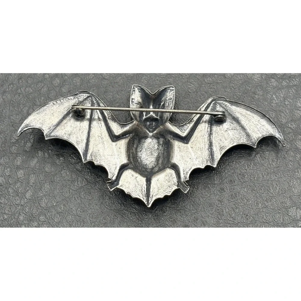 Vintage Bat Victorian Revival Brooch Pin Repousse Silver Tone Halloween Gothic